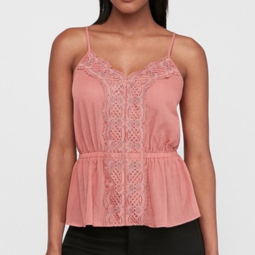 Express Crochet Lace Front Peplum Cami Rose Pink SZM